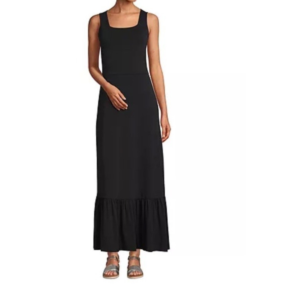 Land's End Cotton Modal Black Square Neck Maxi Dress Ruffle Bottom Size Medium